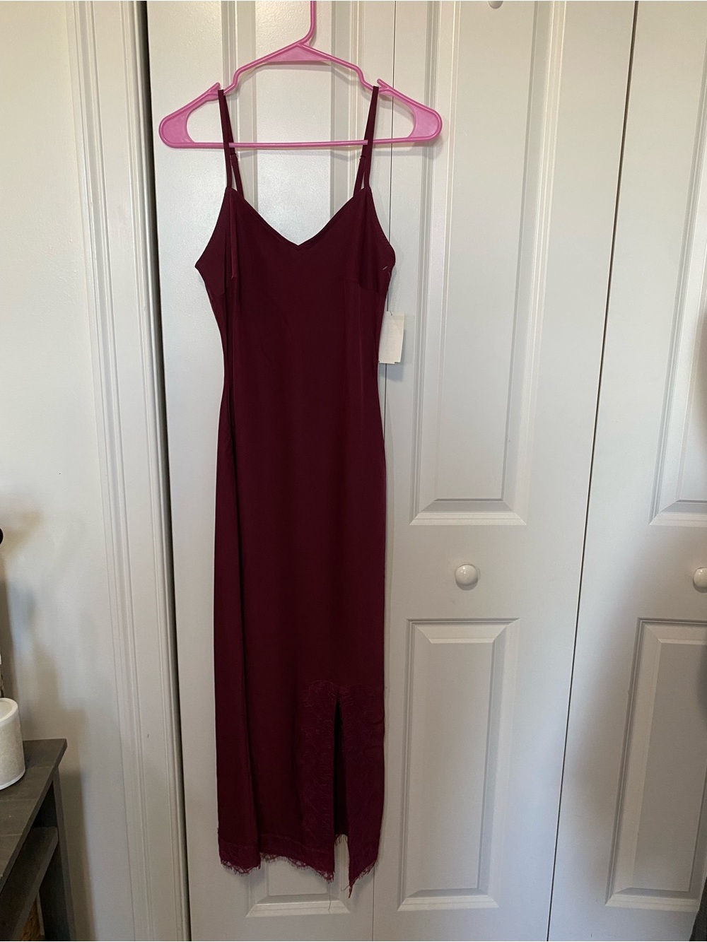 Zoe and Claire Elegant Women's Burgundy Slip Dress with Lace Trim